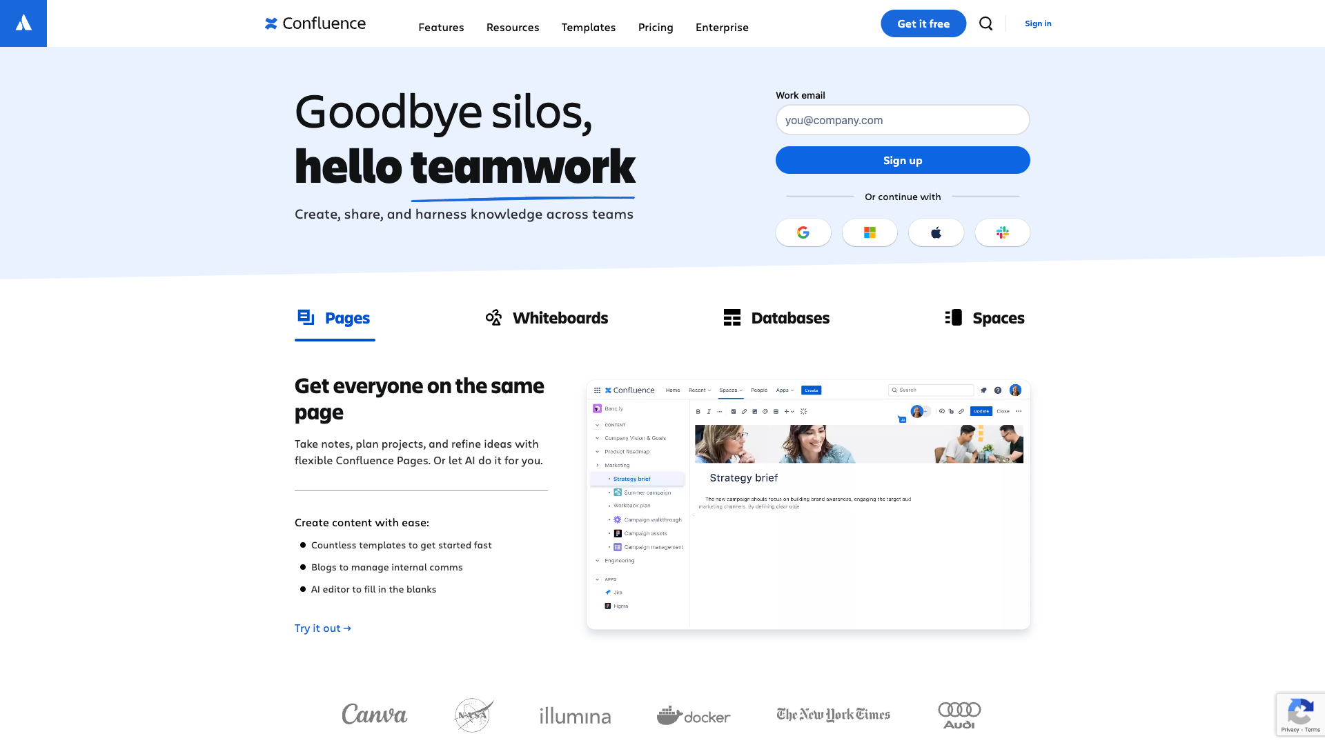 Atlassian Confluence Website Homepage