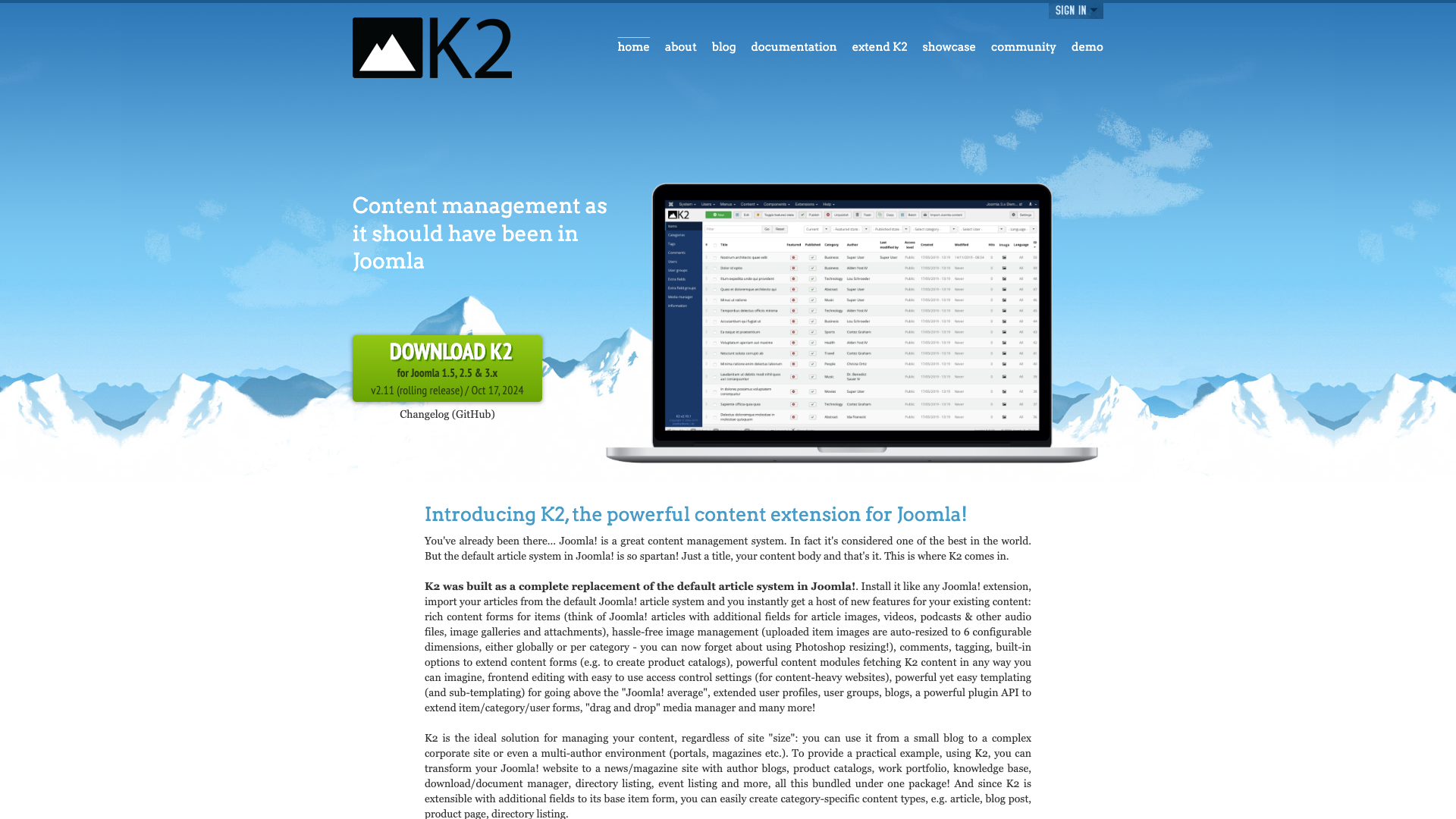K2 Website Homepage