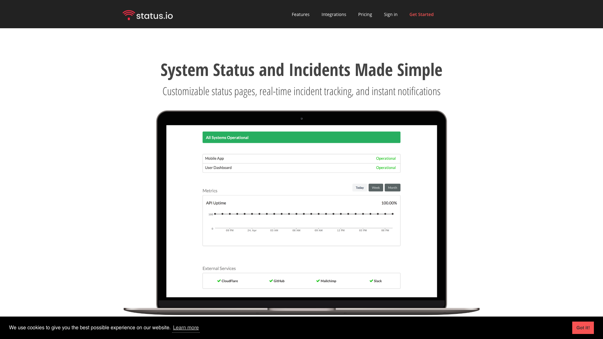 Status.io Website Homepage